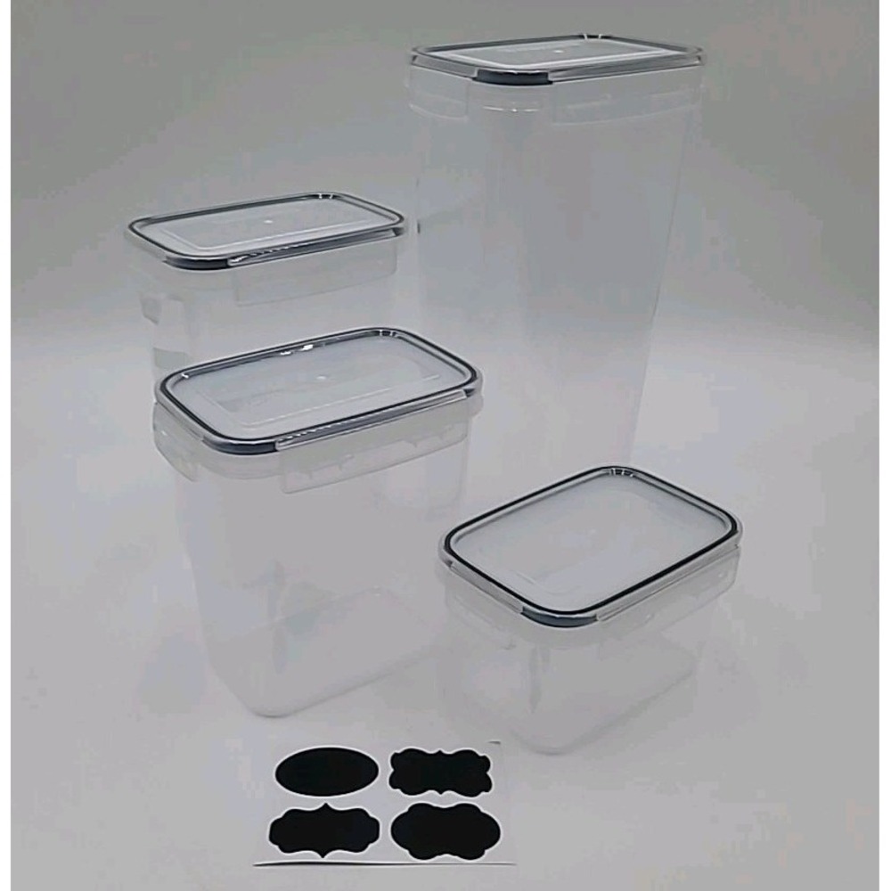 4 Air Tight Clear Plastic Food Storage Containers & Labels .7-2.5qt